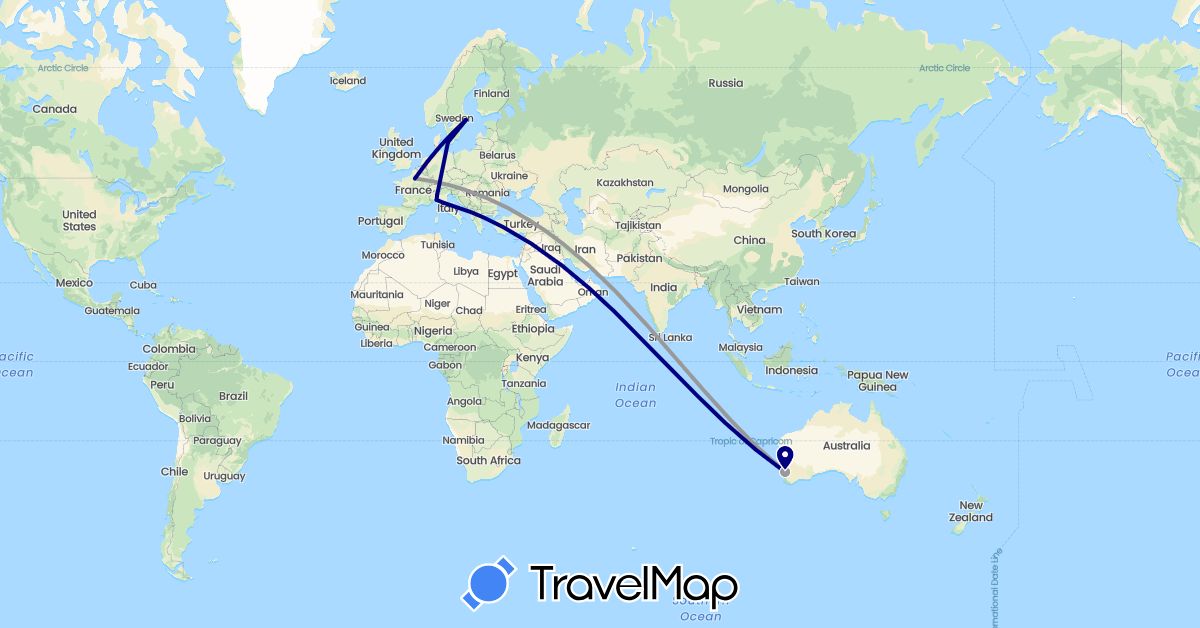 TravelMap itinerary: driving, plane in Australia, Denmark, France, Italy, Sweden (Europe, Oceania)